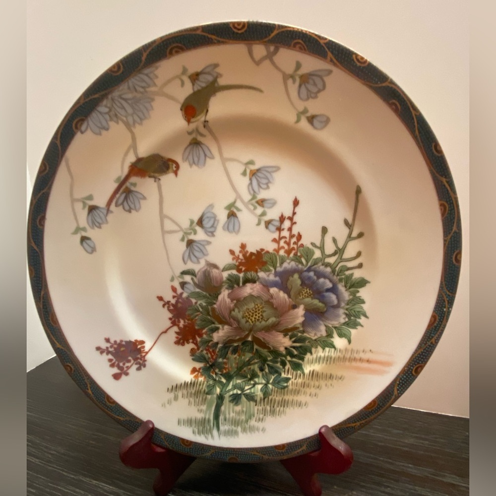 Hand-painted 10 1/4” Platter Gold Accents Oriental Flowers and Birds Design